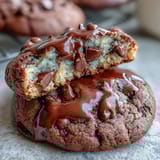 Close-up of a Shadow Milk Cookie-Inspired Dark Chocolate Vanilla cookie with melted chips.