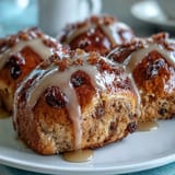 Golden baked hot cross buns, each marked with a flour cross and drizzled in fragrant orange icing, served fresh from the oven.  