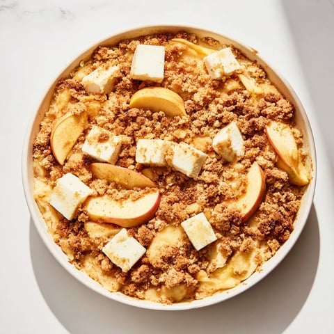 Golden-brown Warm Rustic Apple and Cinnamon Crumble, bubbling with warm, spiced apple filling ready to serve.