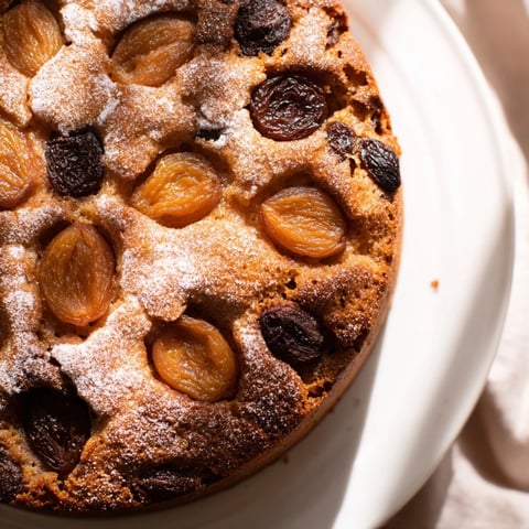 Golden-brown Soft Sweet Plum-Infused Almond Cake, topped with sugared plums, perfect for dessert.