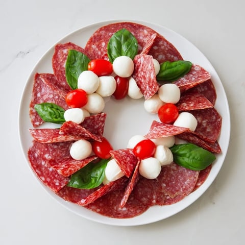 Folded salami wreath arranged with vibrant mozzarella and tomatoes, ready to serve guests.