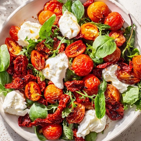 A colorful Tomato Flight Salad with fresh, roasted, and sun-dried tomatoes, plus creamy burrata.