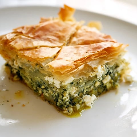 Golden, flaky layers of Greek spanakopita filled with savory spinach and feta cheese.