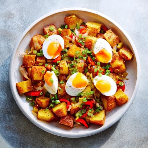 Over easy eggs nestled in a skillet of Simple Skillet Egg and Potato Hash with colorful bell peppers.