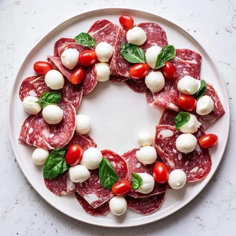 Artistically folded salami wreath appetizer with fresh basil, perfect for your holiday spread.