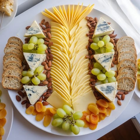 A visually stunning Art Deco Arch Cheese Platter, featuring tiered cheese arches with brie and blue cheese.
