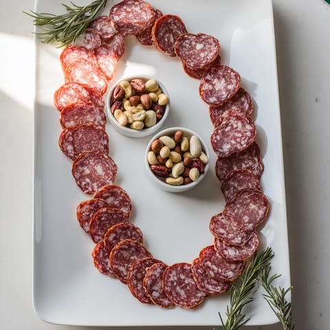 Artfully arranged The Infinity Loop with salami and nuts, a delightful appetizer presentation.