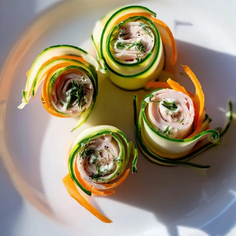 Delectable Ribbon Dancer appetizer, vibrant carrot and cucumber ribbons hug savory smoked turkey.