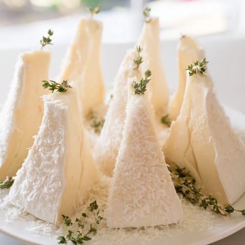 Snowcapped Range appetizer: creamy Brie mountains dusted with Parmesan, ready to serve with crackers.