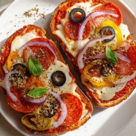Close-up of crispy, cheese-covered Pizza Toast 2.0 with rich tomato sauce and savory toppings.