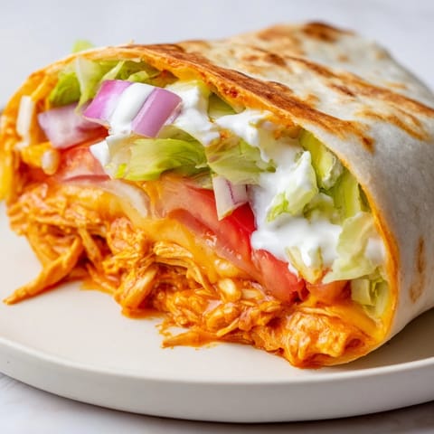 Golden-brown Buffalo Chicken Wrap, packed with veggies and spicy chicken, ready to eat.