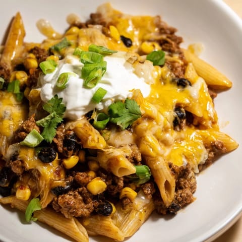 A close-up of a cheesy, creamy Cheesy Taco Pasta with visible corn and black beans.