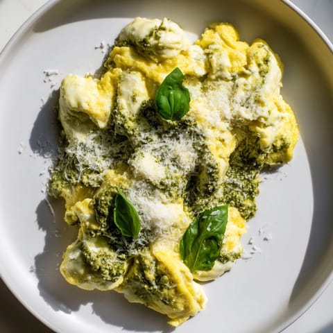 Creamy Pesto Cottage Cheese Eggs, a quick and easy vegetarian brunch, ready in just 10 minutes.