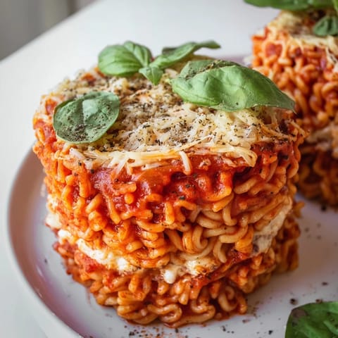 Warm, cheesy ramen lasagna layered with pasta sauce and noodles, a comforting family meal.