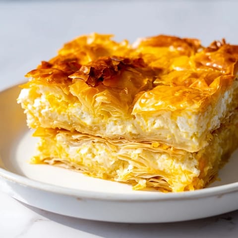 Freshly baked Serbian Gibanica, a savory cheese pie, showcases layers of phyllo, wonderfully crisp.