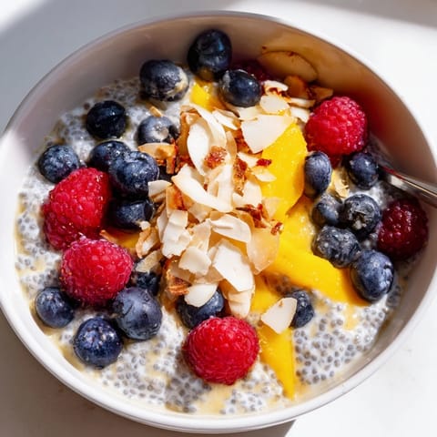 A jar of chia seed pudding layered with fresh mixed berries and a sprinkle of toasted coconut flakes.  