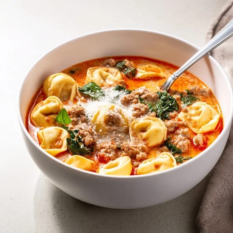 Comforting bowl of Tuscan Tortellini Soup topped with Parmesan, ready to serve with crusty bread and wine.  