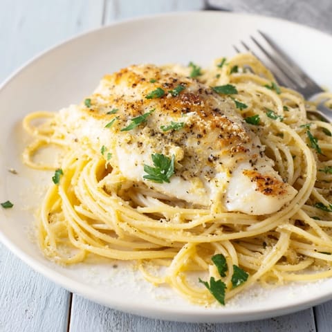 Tender grilled sea bass rests on a bed of spaghetti in a bright, garlicky Lemon Bass Pasta, garnished with lemon wedges.  