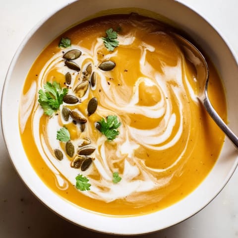 Velvety butternut squash soup garnished with toasted pumpkin seeds and a swirl of coconut milk, served in a rustic bowl.