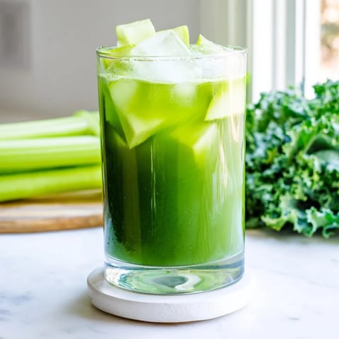 This homemade green juice blends chopped kale, cabbage, and crisp apple for a nutrient-packed, refreshing detox drink.  