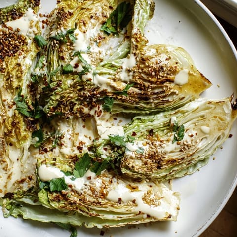 Golden-brown roasted cabbage wedges with tahini sauce are plated, garnished with fresh parsley and sesame seeds, ready to serve.  