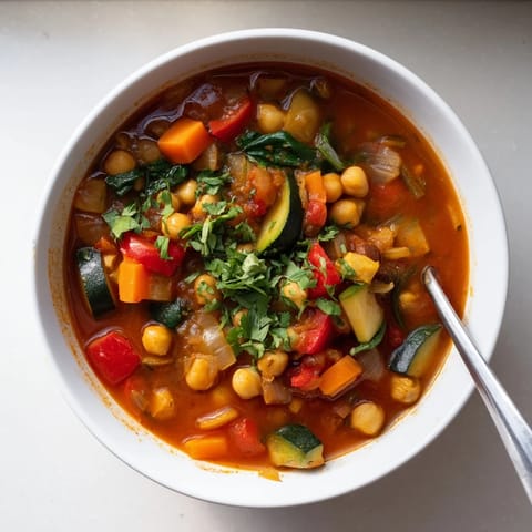 A steaming bowl of Spicy Chickpea Stew garnished with fresh cilantro, served alongside crusty bread for dipping.