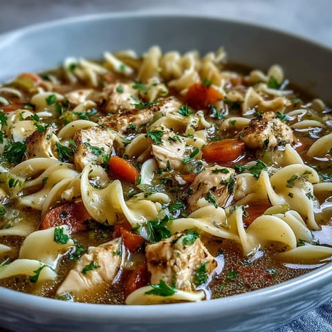 Close-up of a ladle pouring Chicken Noodle Soup into a pot, showing thick egg noodles and fresh parsley garnish.