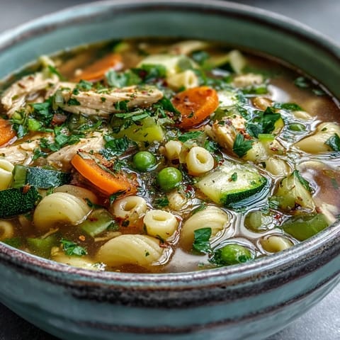 Pasta Soup With Chicken and Vegetables simmering in a pot with zucchini and green beans.