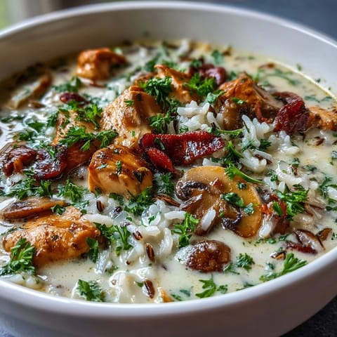 Cubes of tender chicken and sliced cremini mushrooms simmer in the savory broth.