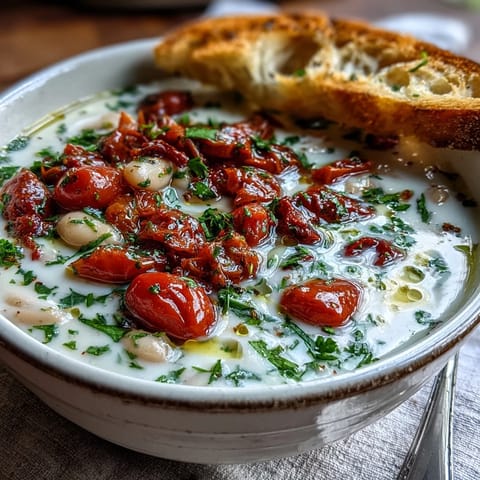 Creamy White Bean Soup With Tomato in a rustic bowl, garnished with fresh parsley and drizzled with olive oil.