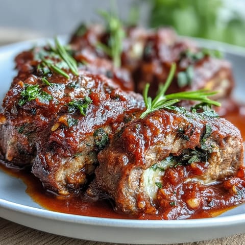Sliced beef braciole stuffed with herbs, pine nuts, and cheese, served warm with sauce over a bed of al dente pasta.