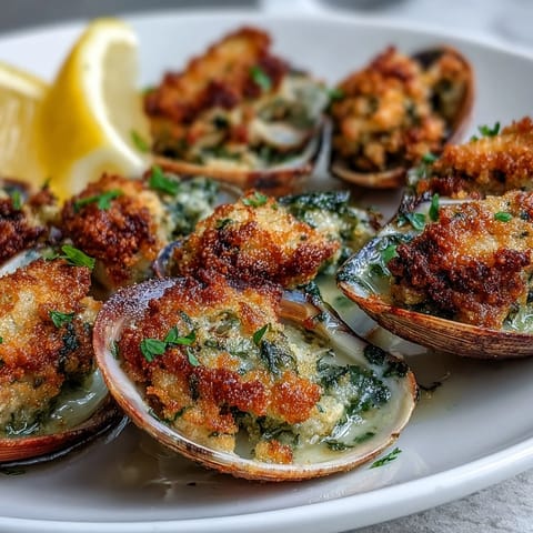 Tender roasted littleneck clams with zesty lemon-parsley panko and melted butter, perfect with white wine for an elegant dinner.