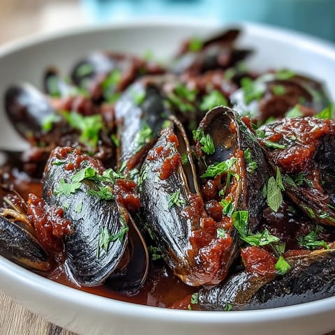 Sizzling Smoky Mussels Pomodoro served in a skillet with chopped parsley and crusty sourdough for dipping.