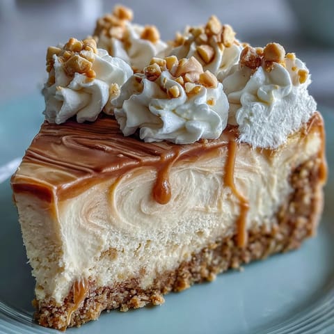 A single slice of Nutter Butter Cheesecake rests on a plate, featuring a crunchy cookie base and fluffy whipped cream garnish.