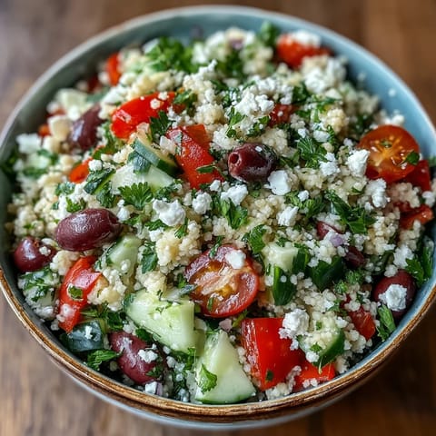 Hearty Mediterranean Pearl Couscous with briny kalamata olives, halved cherry tomatoes, crumbled feta, and fresh parsley for a refreshing lunch.