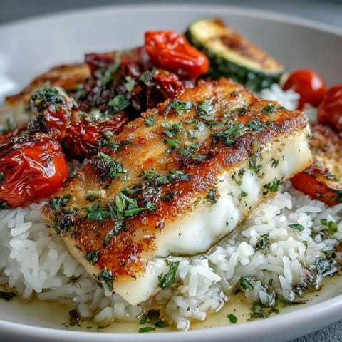 Golden-brown pan-seared white fish fillet sits atop fluffy rice, beside vibrant roasted zucchini and red bell peppers, all drizzled with zesty lemon sauce.
