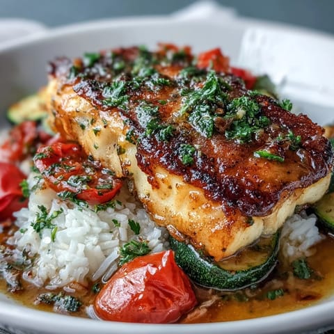 A close-up of a Pan-Seared Fish Bowl reveals flaky cod seasoned with smoked paprika, resting on grains with caramelized cherry tomatoes and fresh parsley garnish.