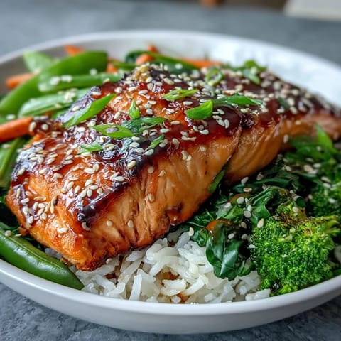 Golden-brown teriyaki salmon fillets glazed with sauce, served over fluffy rice and colorful stir-fried vegetables in a bowl.