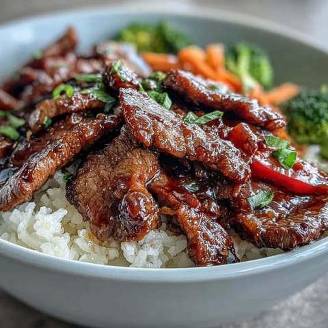 Hot Teriyaki Beef Bowl with fluffy rice, crisp broccoli, and carrots topped with sesame seeds.