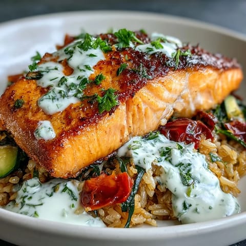 Crispy Rice Salmon Bowl garnished with fresh dill and lemon wedges on a marble surface.