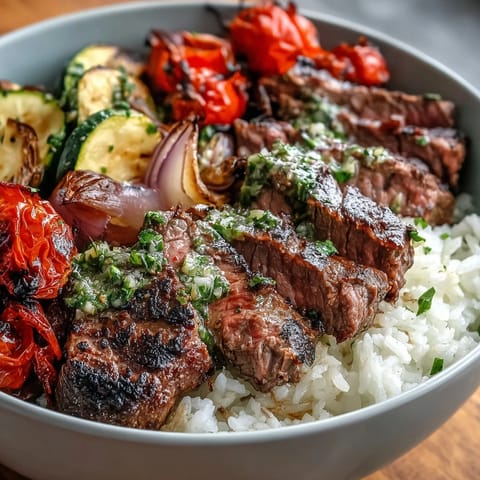 A warm bowl of Grilled Steak Bowl with fluffy rice and colorful roasted vegetables.