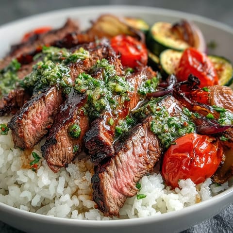 Sliced grilled steak topped with vibrant chimichurri sauce on a bed of rice.