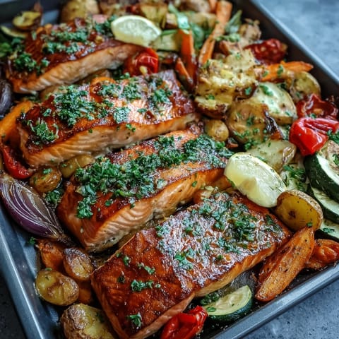 Roasted salmon fillets and colorful veggies from a Sheet Pan Salmon and Veggies Bowl, glistening with olive oil.