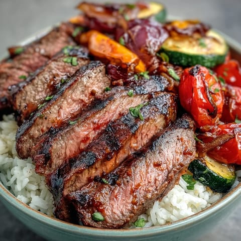 Sheet Pan Steak and Veggie Bowl served over fluffy rice, garnished with fresh parsley and lemon wedges.
