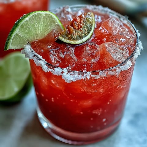 Two chilled salt-rimmed rocks glasses filled with the Best Guava Margarita, garnished with fresh lime wheels and guava slices.