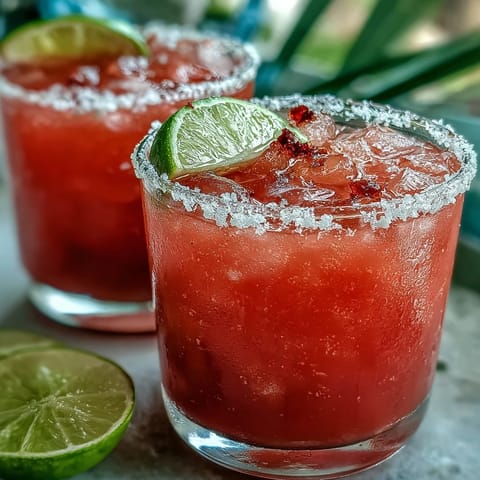 A vibrant Guava Margarita with a Tajín rim, garnished with a lime wedge and fresh guava slice.