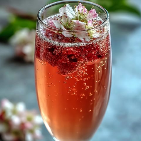 Elderflower Guava Mimosa served in a champagne flute garnished with edible flowers and a guava slice.