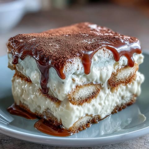 Hojicha Tiramisu layered with cocoa-dusted mascarpone cream and dipped ladyfingers in a rustic dish.