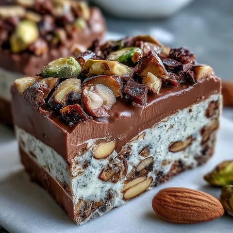 Hojicha Nougat squares cut on a board, topped with chopped almonds and pistachios, ready to serve.