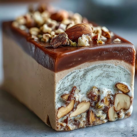 A hand holding a piece of chewy Hojicha Nougat, revealing the roasted green tea color.